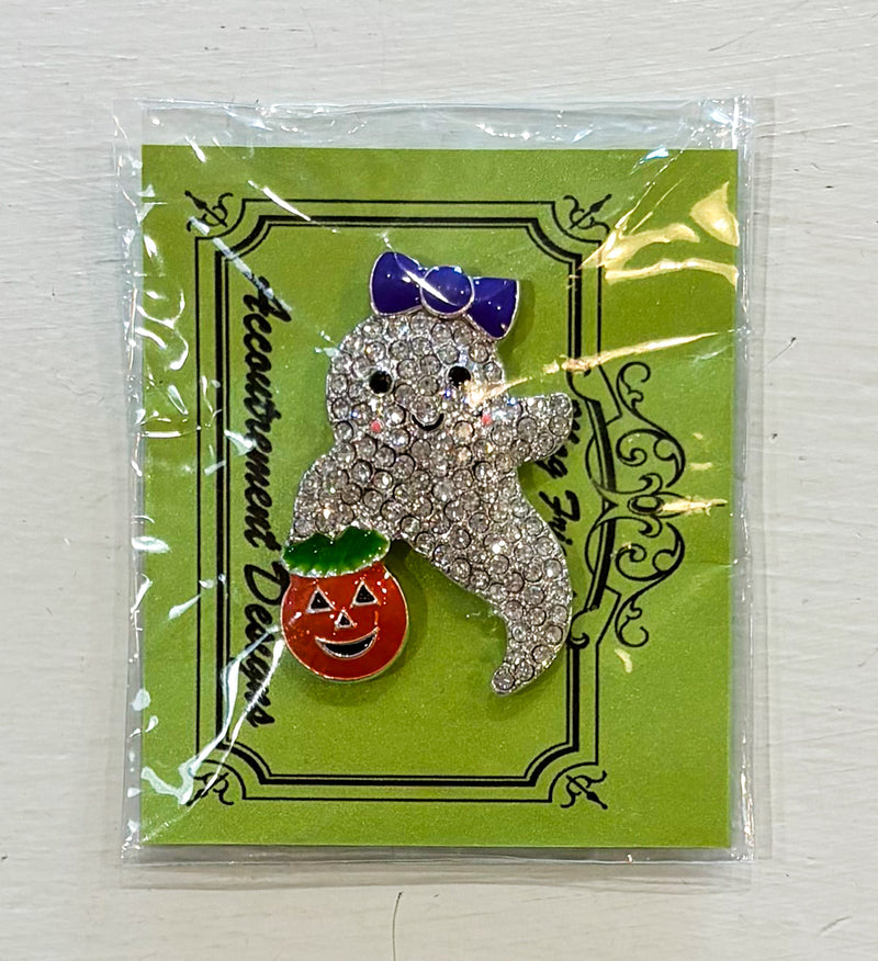 Ghost with Purple Bow and Pumpkin - Rhinestone Needleminder