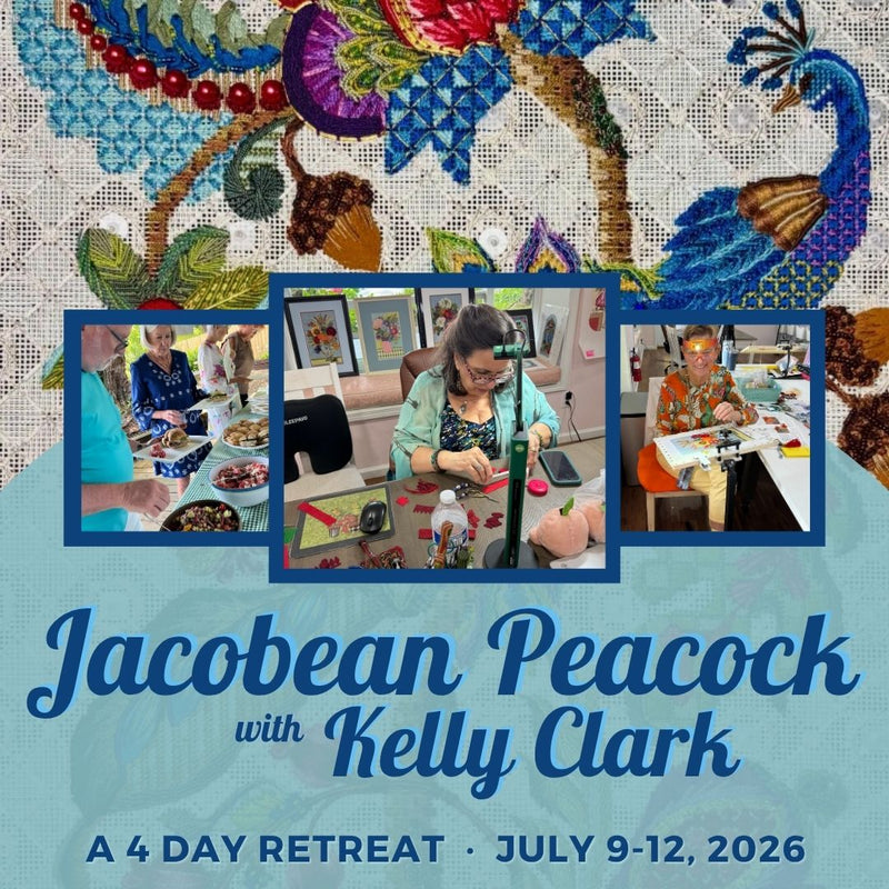 Jacobean Peacock Stumpwork Retreat with Kelly Clark ∙ July 9-12, 2026
