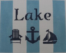 Lake with Adirondack chair, anchor, and sailboat - Blue and White