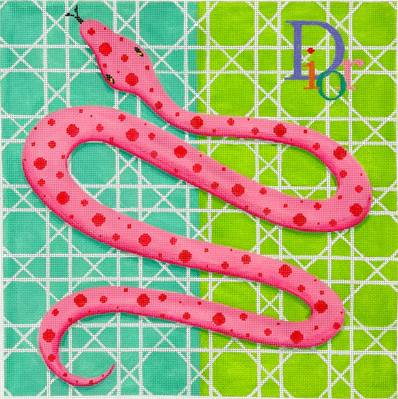 Designer Scarf Series – Dior-Inspired Pink Snake on Turquoise/Lime Background w/ Caning
