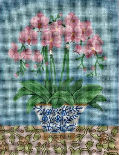 Pink Orchids In Blue/White Planter 18 Mesh