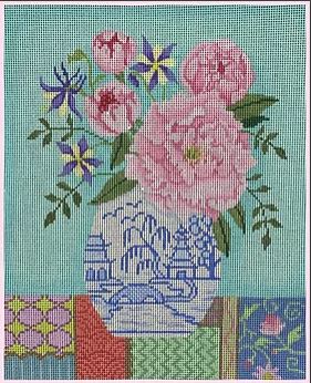 Peonies & Columbine In Blue/White Vase 18 Mesh