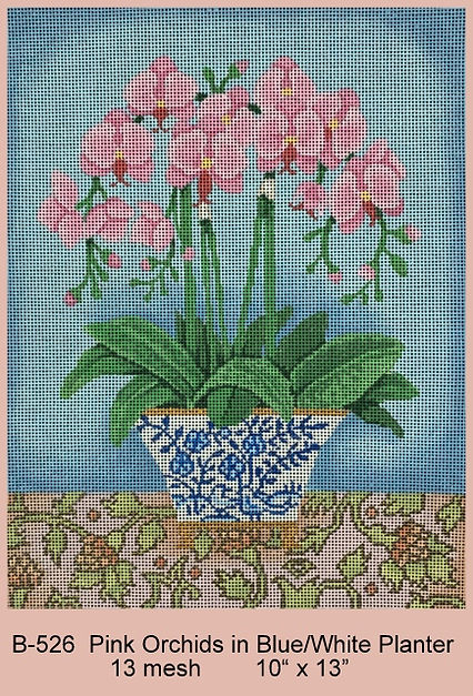 Pink Orchids In Blue/White Planter 13 Mesh