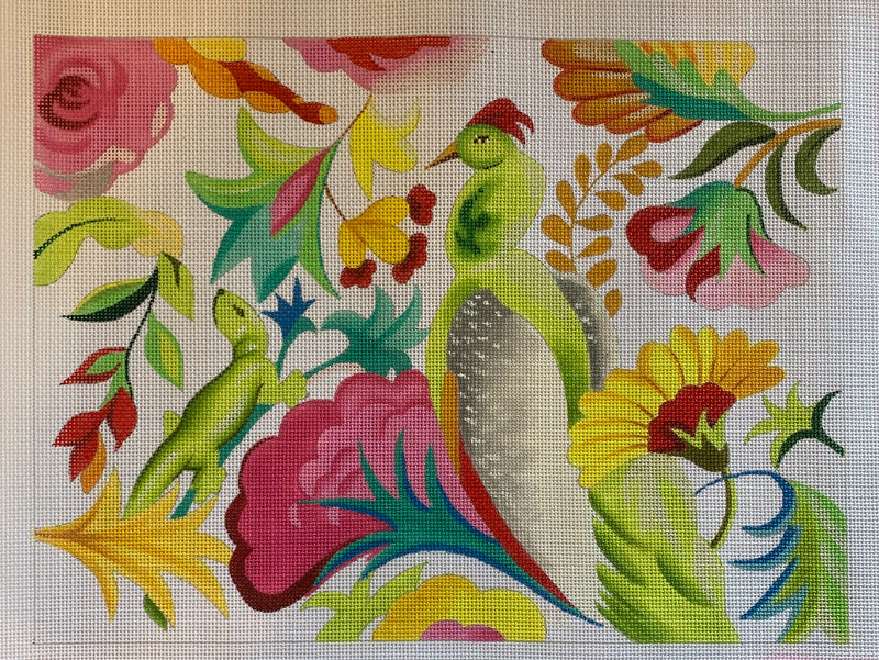 Stylized Lizard, Parrot & Florals