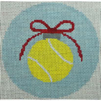tennis ball with red bow on pale blue
