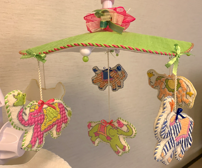 Jilly Walsh Ornament/Mini – Elephant – Pink Polka Dots w/ Green & Yellow