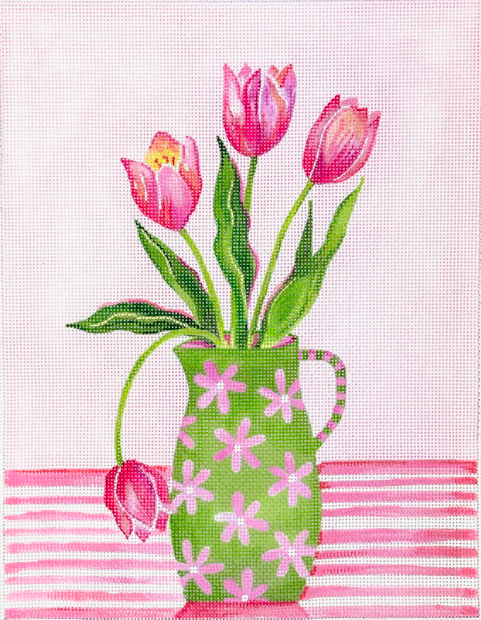 Sally-Ann Langley - Pink Tulips in Pitcher on Pink Striped Tablecloth