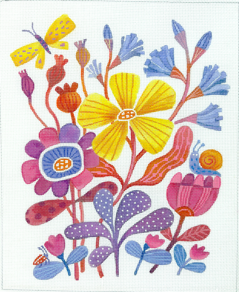Sally-Ann Langley - Floral Fantasy - w/ Butterfly & Snail - pinks, purples, orange and yellow