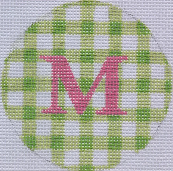 3" Round – Lime Gingham, Fuchsia Letter