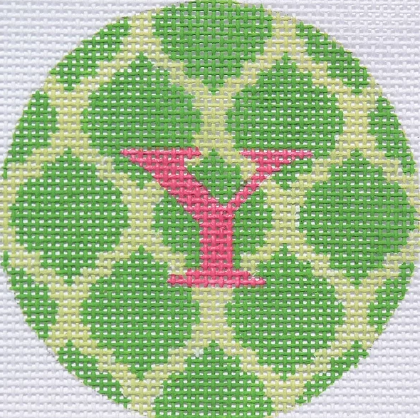 3" Round – Greens Quatrefoil Damask, Watermelon Letter