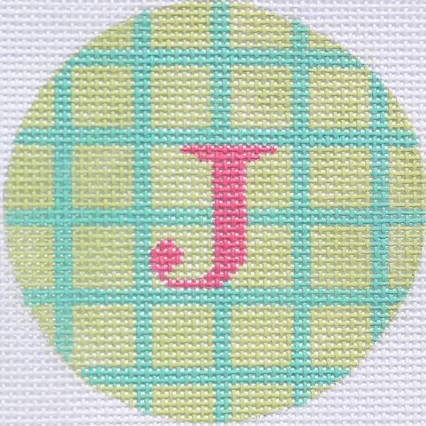 3" Round – Celadon & Turquoise Grid, Bright Pink Letter