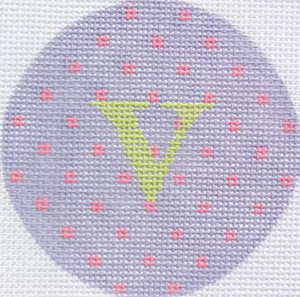 3" Round – Lavender w/ Pink Small Dots, Light Green Letter