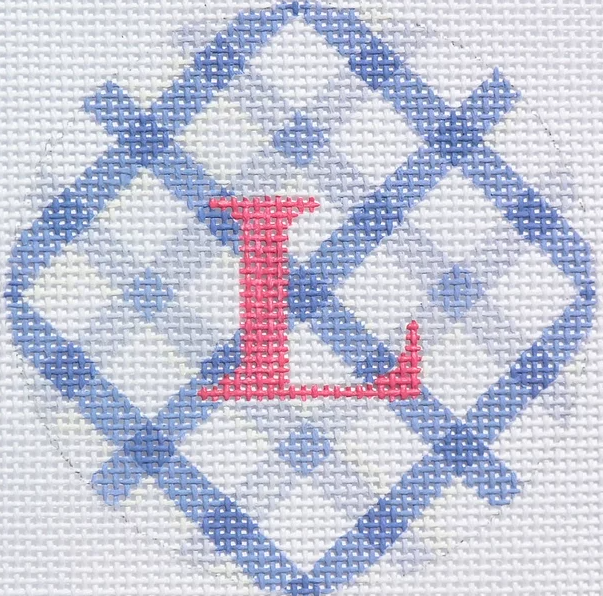 3" Round – Periwinkle Double Crisscross Gingham, Watermelon Letter