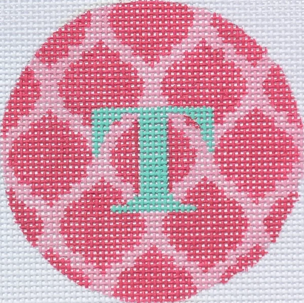 3" Round – Pinks Quatrefoil Damask, Turquoise Letter