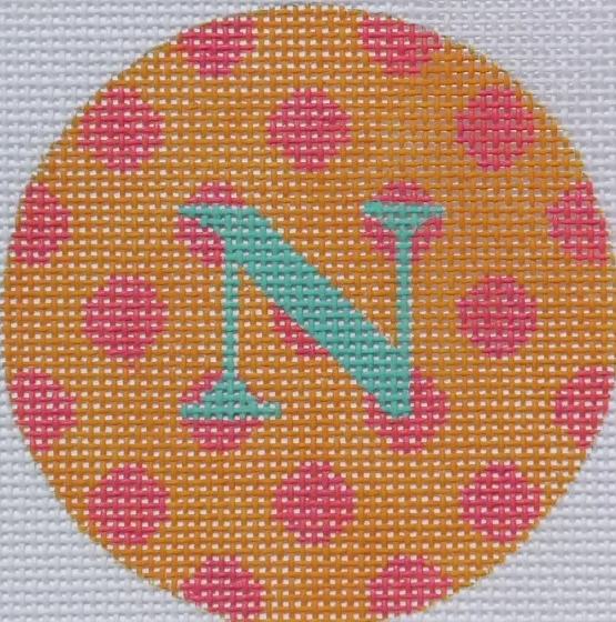 3" Round – Tangerine w/ Watermelon Polka Dots, Turquoise Letter