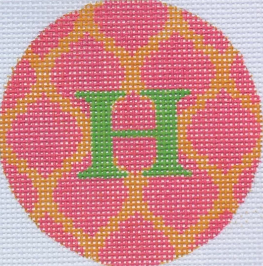 3" Round – Watermelon & Tangerine Quatrefoil Damask, Grass Green Letter