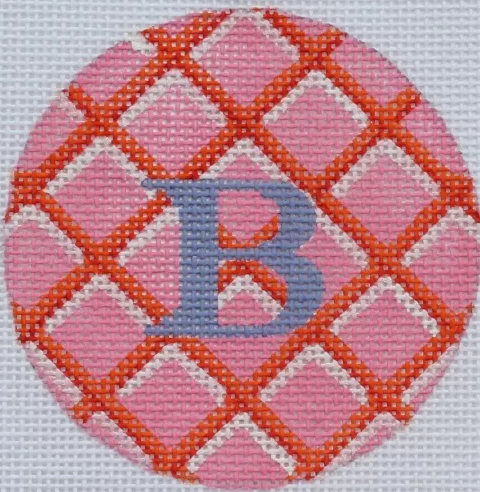 3" Round – Pink w/ Orange, Red & White Criss Cross, Periwinkle Letter