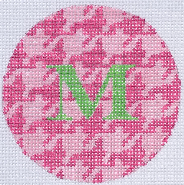 3" Round – Fuchsia & Light Pink Houndstooth, Grass Green Letter