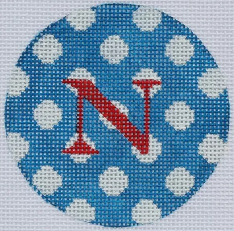 3" Round – Marine Blue w/ White Polka Dots, Red Letter