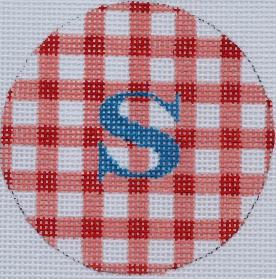 3" Round – Nantucket Red Gingham, Marine Blue Letter