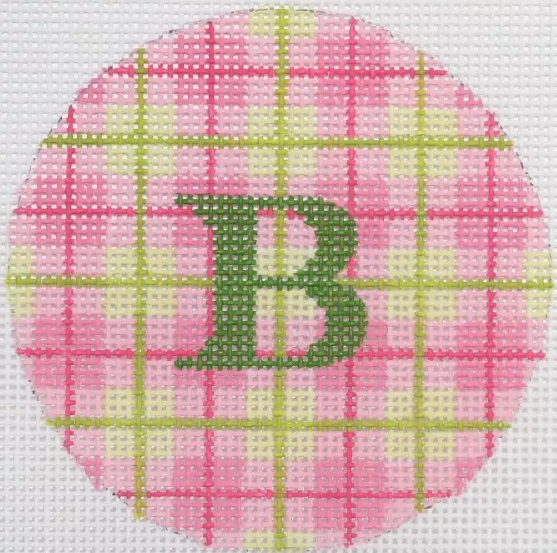 3" Round – Pinks & Greens Plaid, Green Letter