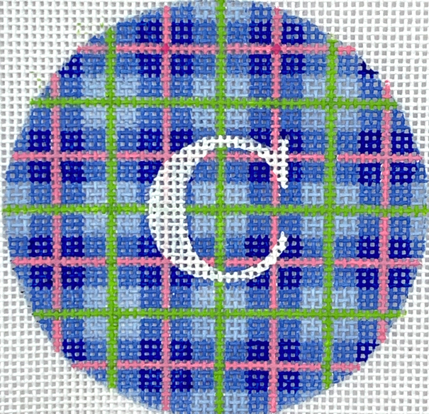 3" Round – Madras Plaid – blue, lime & bubblegum pink w/ white letter