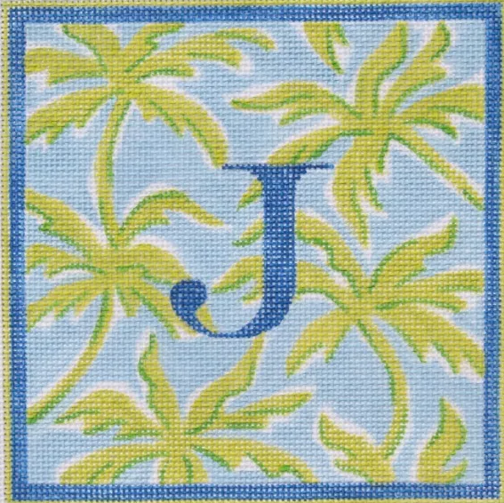 Lilly Letter – Palms – greens on light blue w/ marine blue