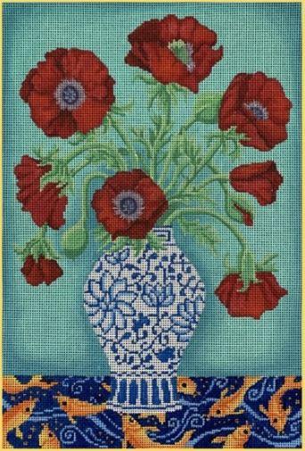 Red Poppies in Blue & White Vase (18 mesh)