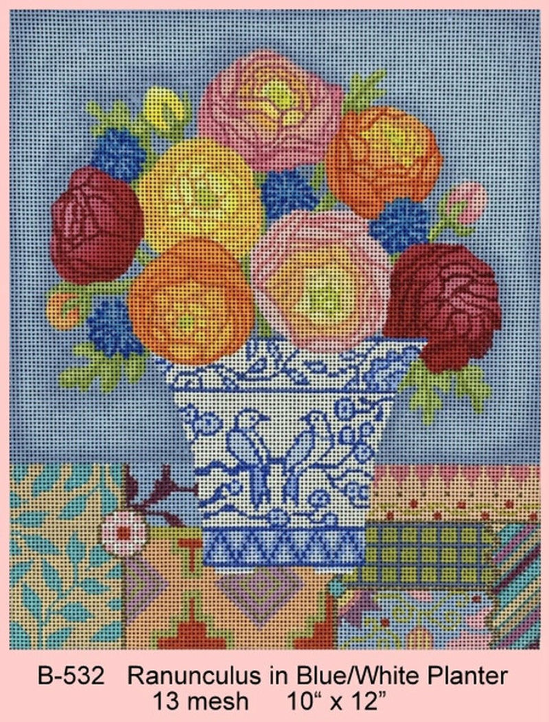 Ranunculus in Blue & White Planter (13 mesh)