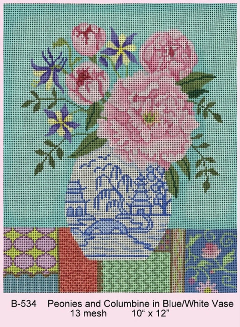 Peonies & Columbine in Blue/White Vase  13m Canvas