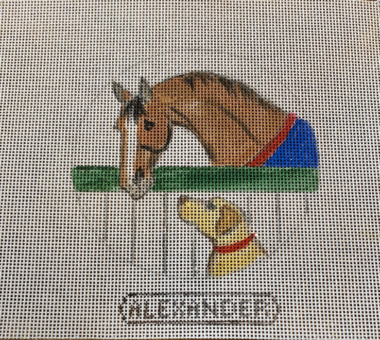 Chestnut Horse in Stall with Yellow Lab