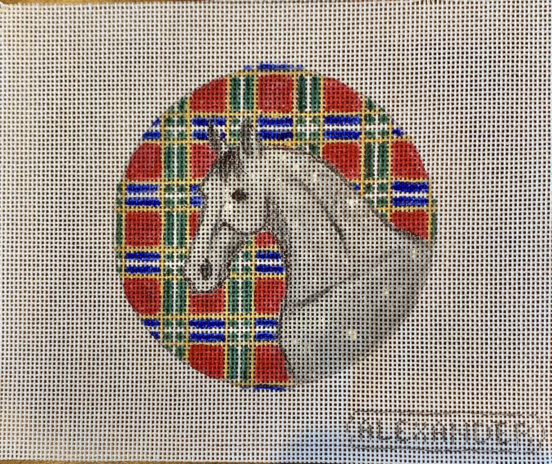 Grey Horse w/ Plaid Background Round