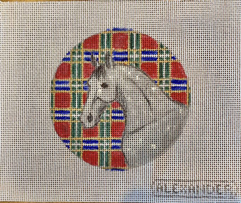 Grey Horse w/ Plaid Background Round