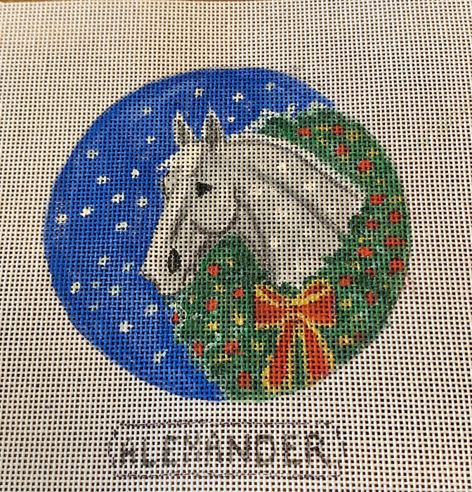 Grey horse with Christmas Wreath Round