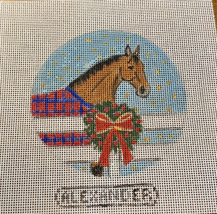 Horse in Pasture with Christmas Wreath