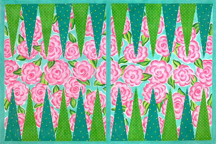 Backgammon Board Canvas – Lilly-inspired Roses – pinks, greens & turquoise (18m)