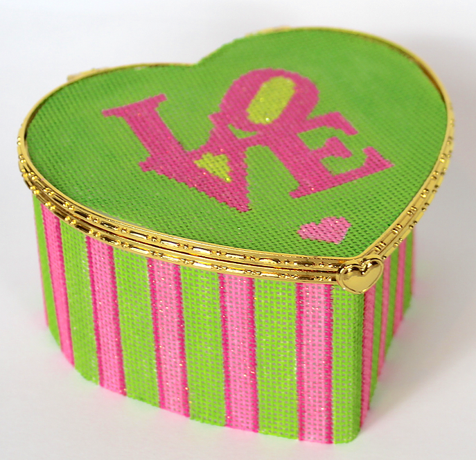 Limoges Box – Lg. Heart Robert Indiana style LOVE w/ Stripes – pinks & greens (gold clasp)