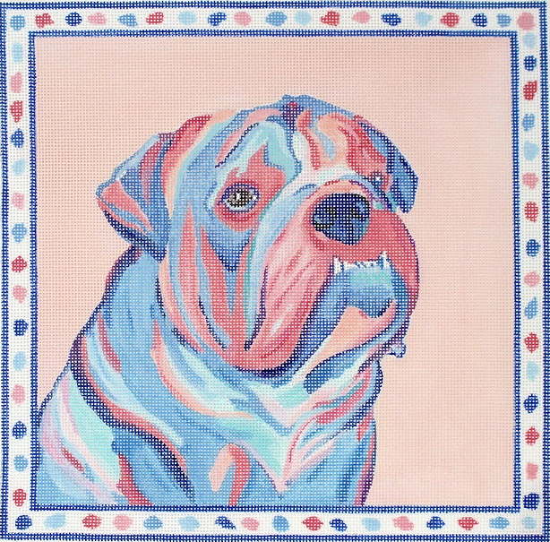 Megan Carn – Bulldog – corals & blues on peach w/ spotted border