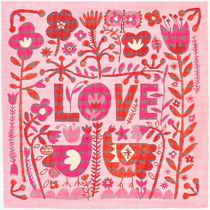 Carolyn Gavin – LOVE with Flowers & Chickens – pinks & reds (on 18 mesh)