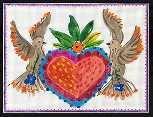 Carolyn Gavin – Doves w/ Heart Milagro – multi color (on 13 mesh)