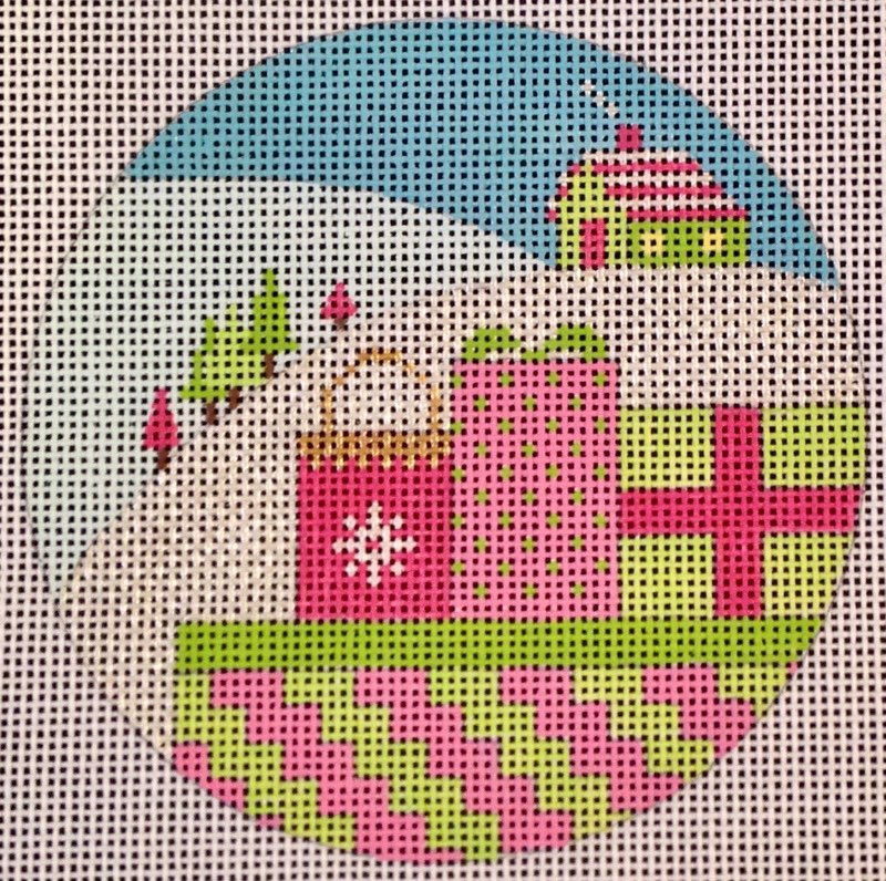 Kringle 4" Round Orn. - Gifts Pink & Green