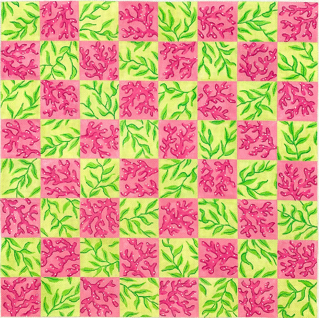 Chess/Checkers Board – Lilly-inspired Coral & Vines – pinks & greens