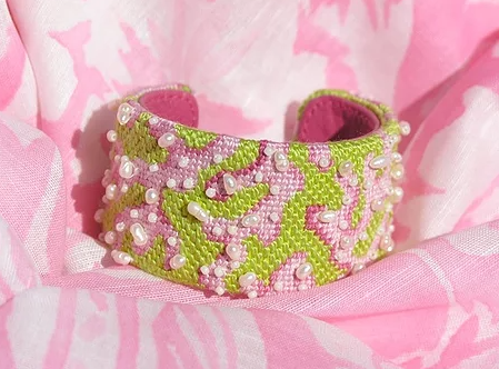 Cuff/Bookmark – Lilly-inspired Sea Coral – pinks on lime (stitch guide available)