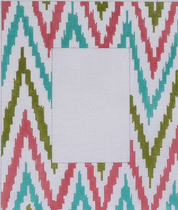 Frame – Large Ikat Zigzag – coral, turquoise, green on white