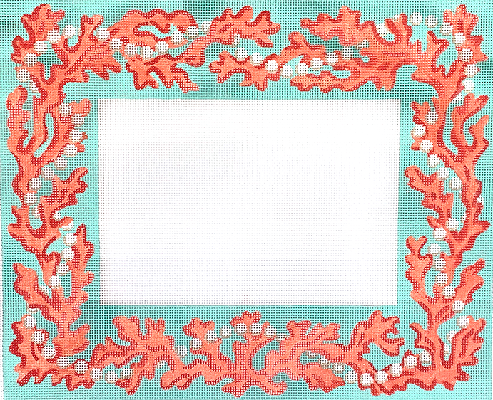 Frame – Bright Coral and Pearls – corals & pearlized white on Caribbean