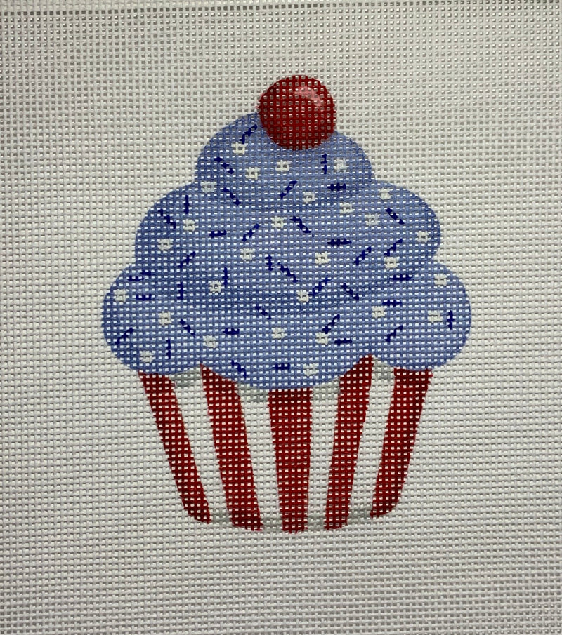 Mini Patriotic Cupcake w/ Sprinkles & Cherry on Top – blue frosting in red & white stripe cup