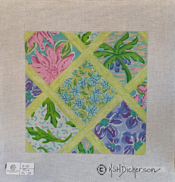 Med. Sq.– Lilly-inspired Lattice Patchwork – turquoise, periwinkle, violet & greens