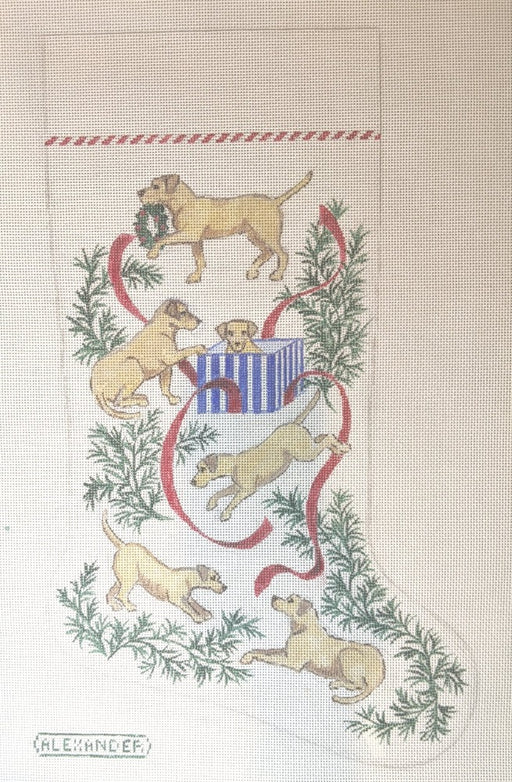 needlepoint canvas christmas stocking yellow lab dogs by bonnie alexander