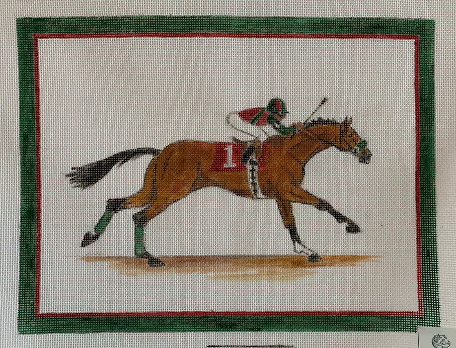 Racehorse and Jockey within Red & Green Frame
