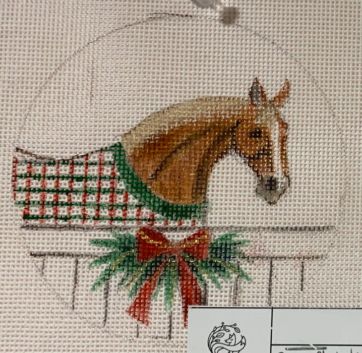 Chestnut Pony in Stall w/ Christmas Greens